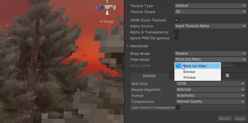 Unity-importinstellingen voor afbeeldingen voor een retro-look.