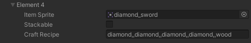 Diamond Item Sword Recept Unity Inspector